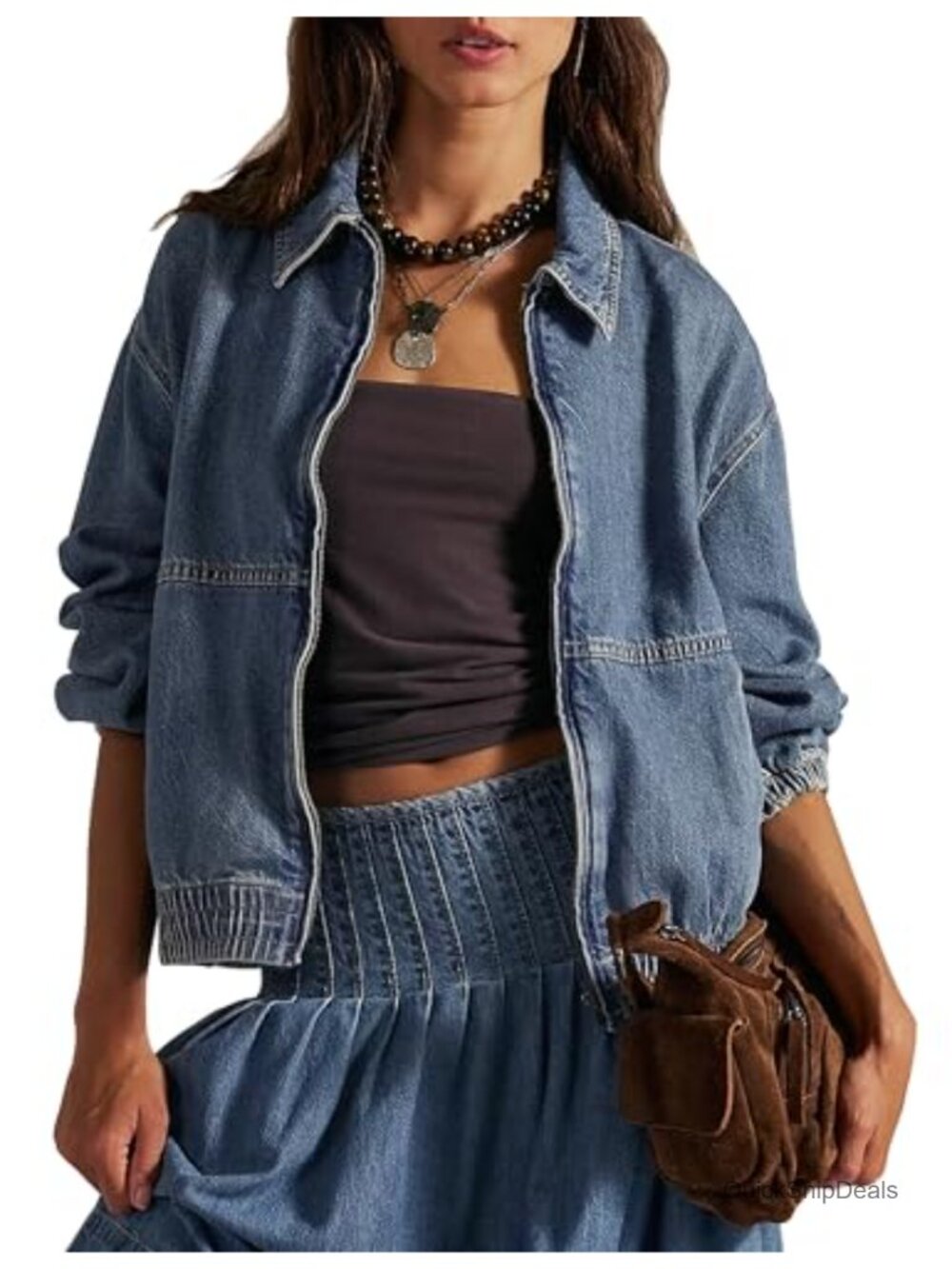 Womens Zip Up Loose Fit Bomber Denim Jacket Long Sleeve Casual